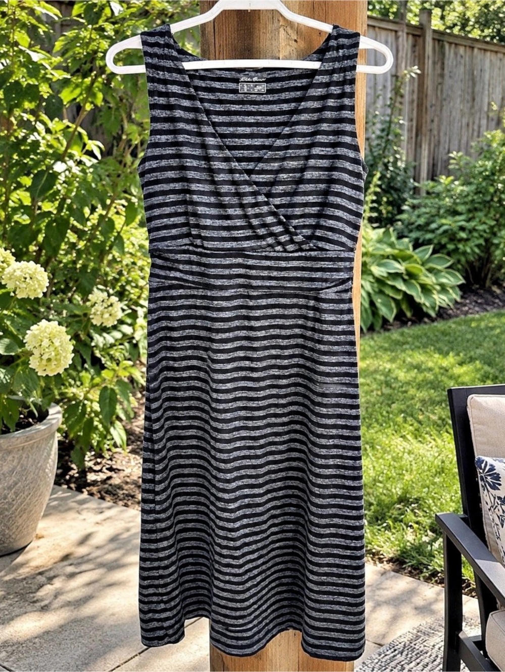 Eddie Bauer Black and Gray Striped Sleeveless Wrap Midi Dress Black & Gray